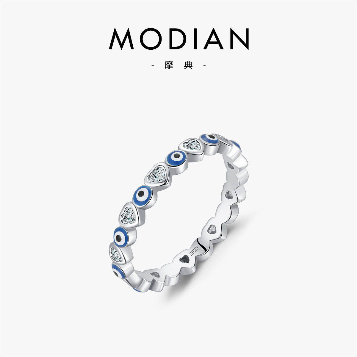 The S925 Sterling Silver Enamel Blue Eye Zircon Heart Ring