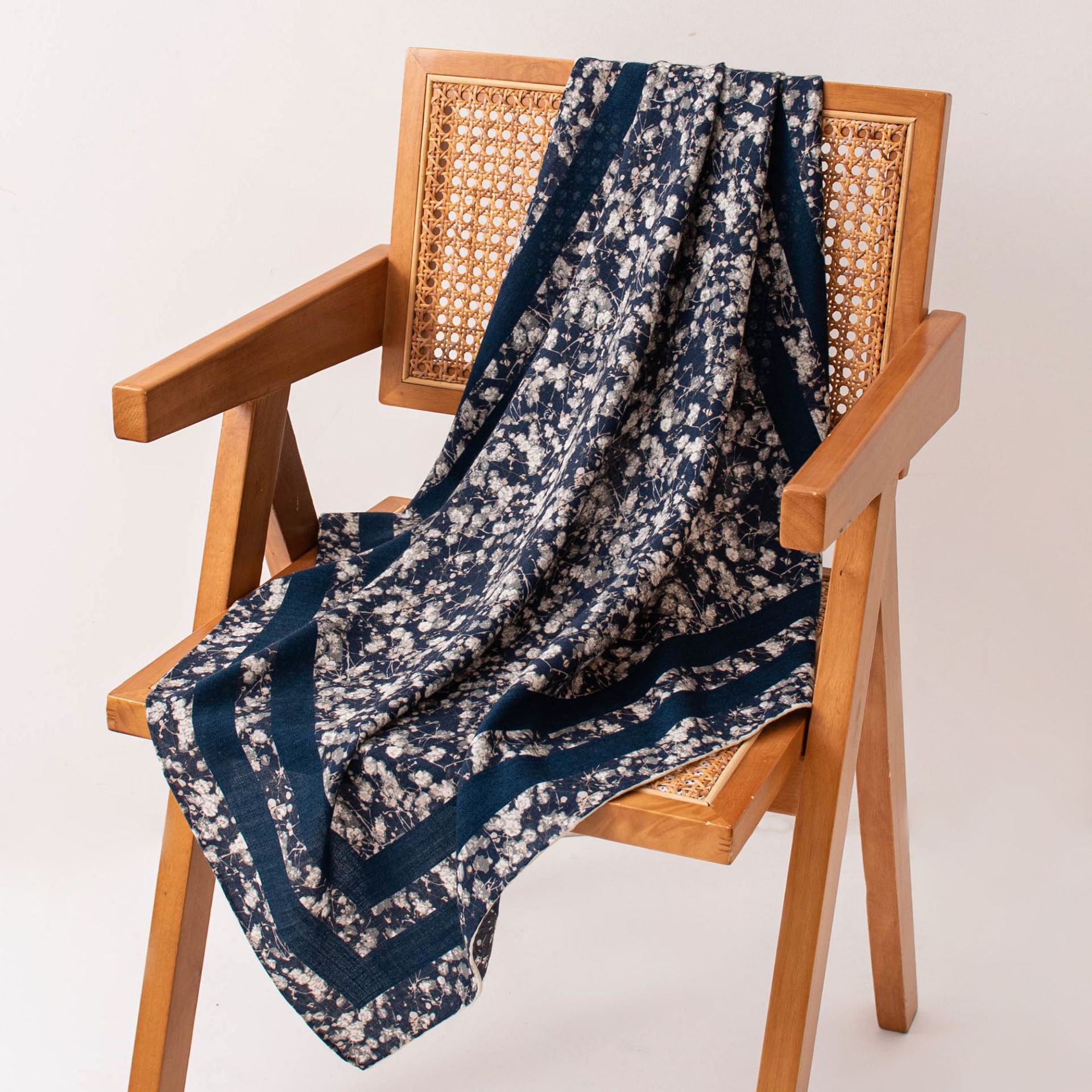 The Double-Sided Silk Wool Scarf with Blue Floral Print