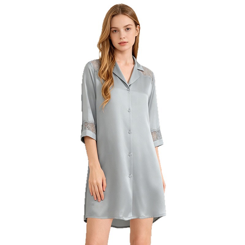 The 100% Mulberry Silk Short Sleeve Lapel Shirt Dress - Image 5