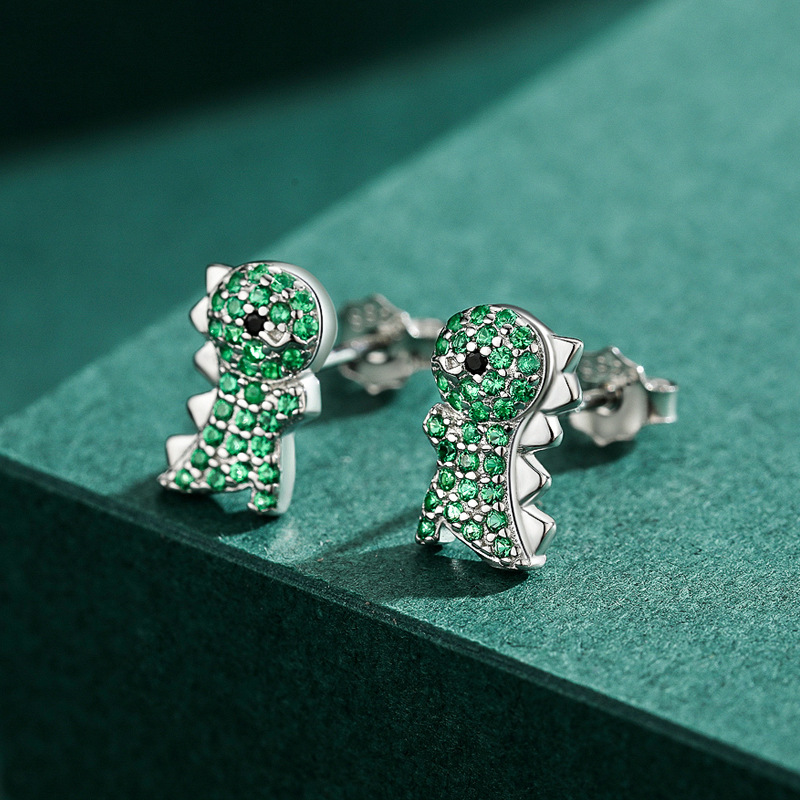 The S925 Sterling Silver Dinosaur Earrings with Green Zirconia - Image 4