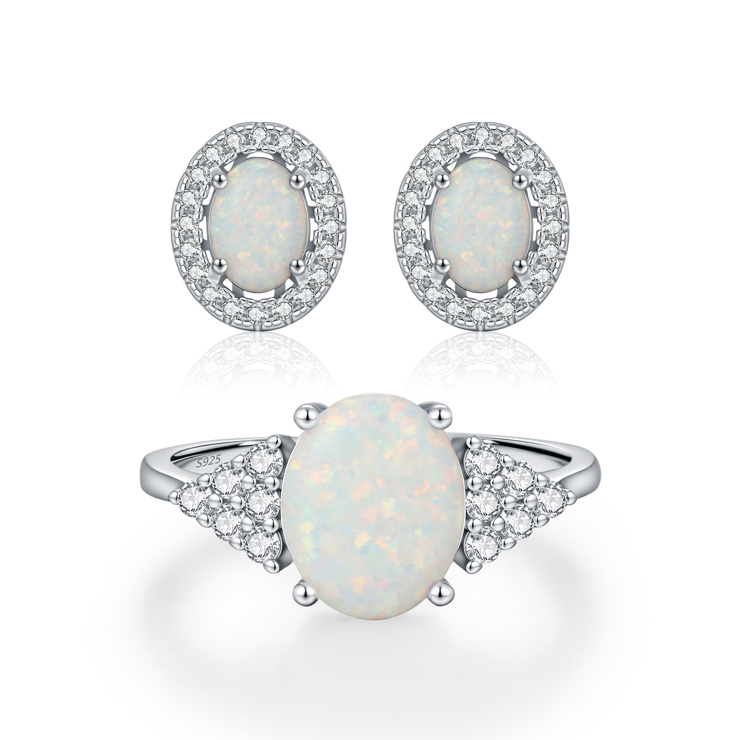The S925 Sterling Silver Synthetic Opal Ring and Earrings - Image 5
