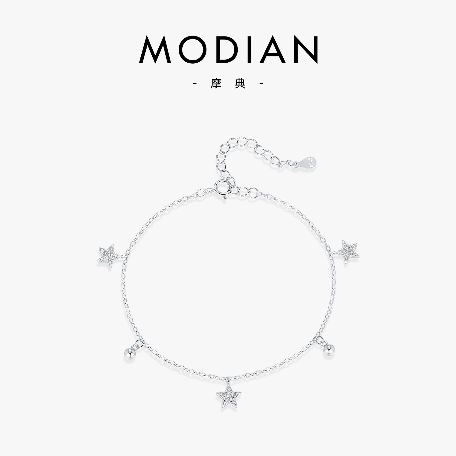 The S925 Sterling Silver Star Rhinestone Bead Pendant Bracelet