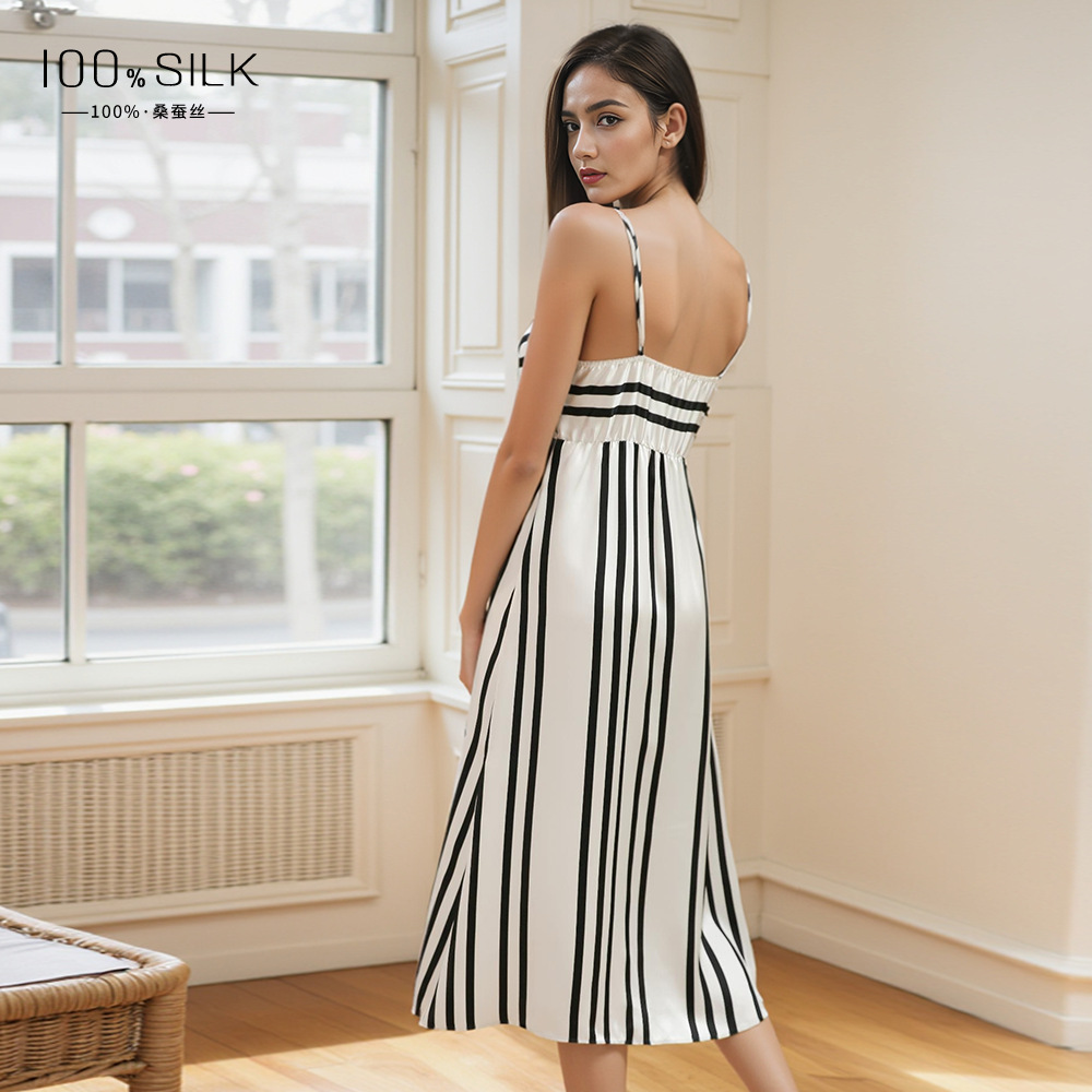 The Striped 100% Mulberry Silk Backless Sleep Dress - Image 2