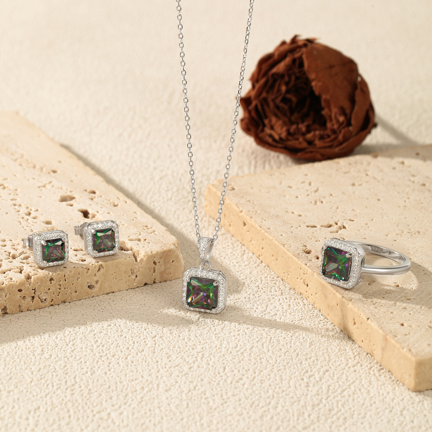The Sterling Silver Colorful Diamond Ring and Necklace Set - Image 4