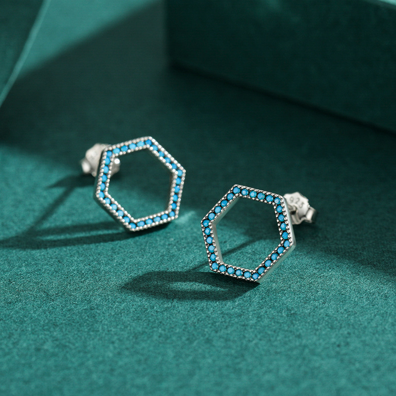 The S925 Sterling Silver Hexagon Turquoise Hollow Earrings - Image 4