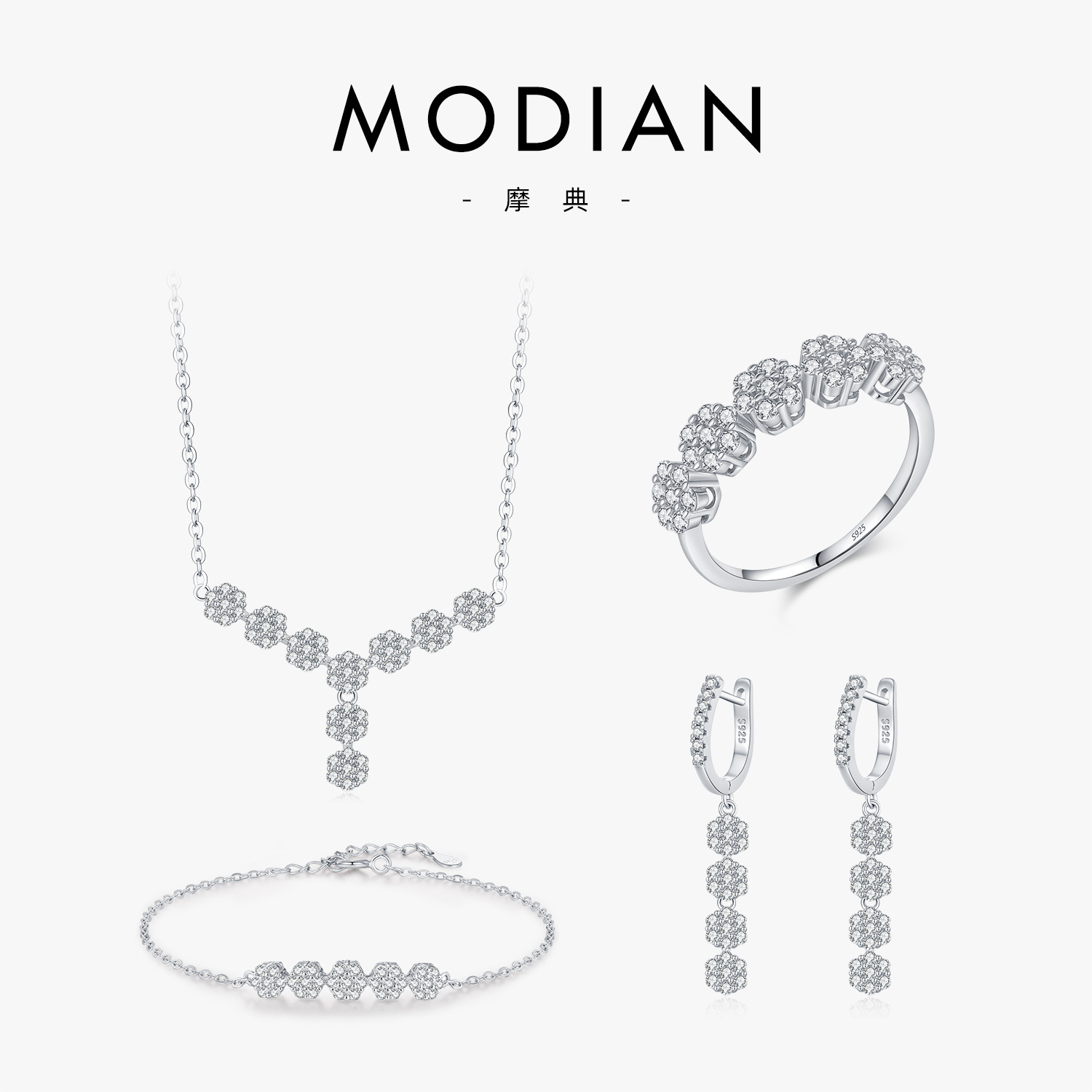 The S925 Sterling Silver Floral Ring, Necklace, Earring, and Bracelet Set