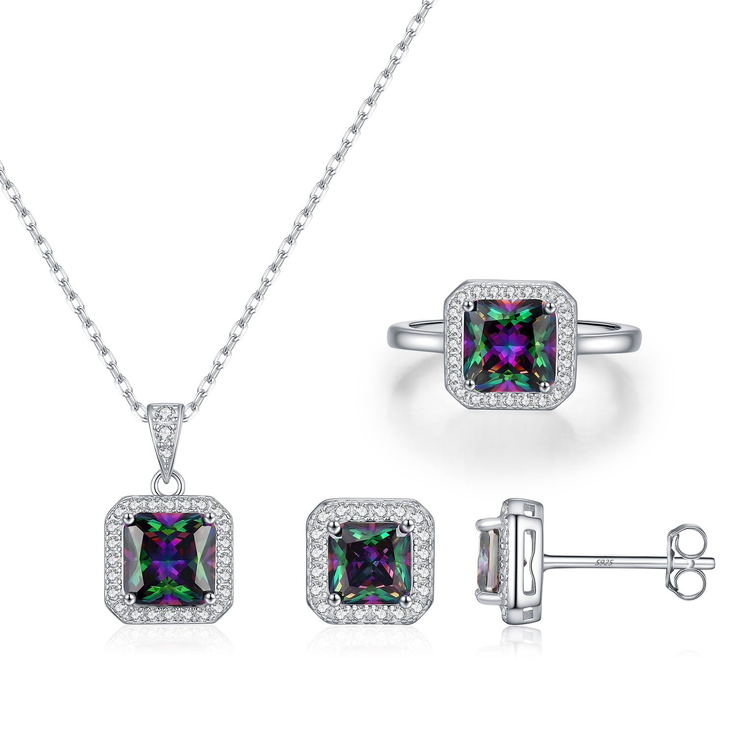 The Sterling Silver Colorful Diamond Ring and Necklace Set - Image 5
