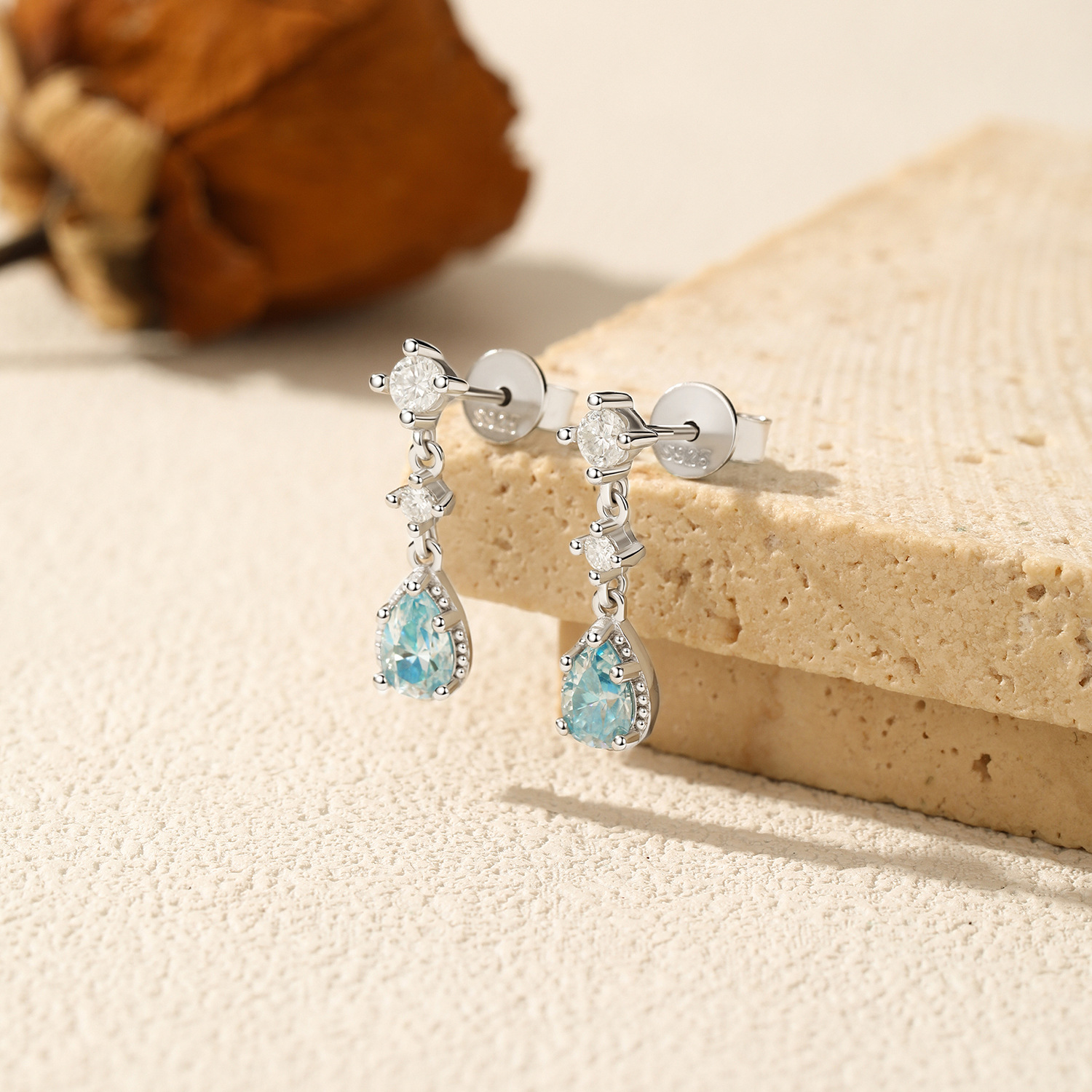 The 50-Point Moissanite Light Sea Blue Drop Earrings in Sterling Silver - Image 4