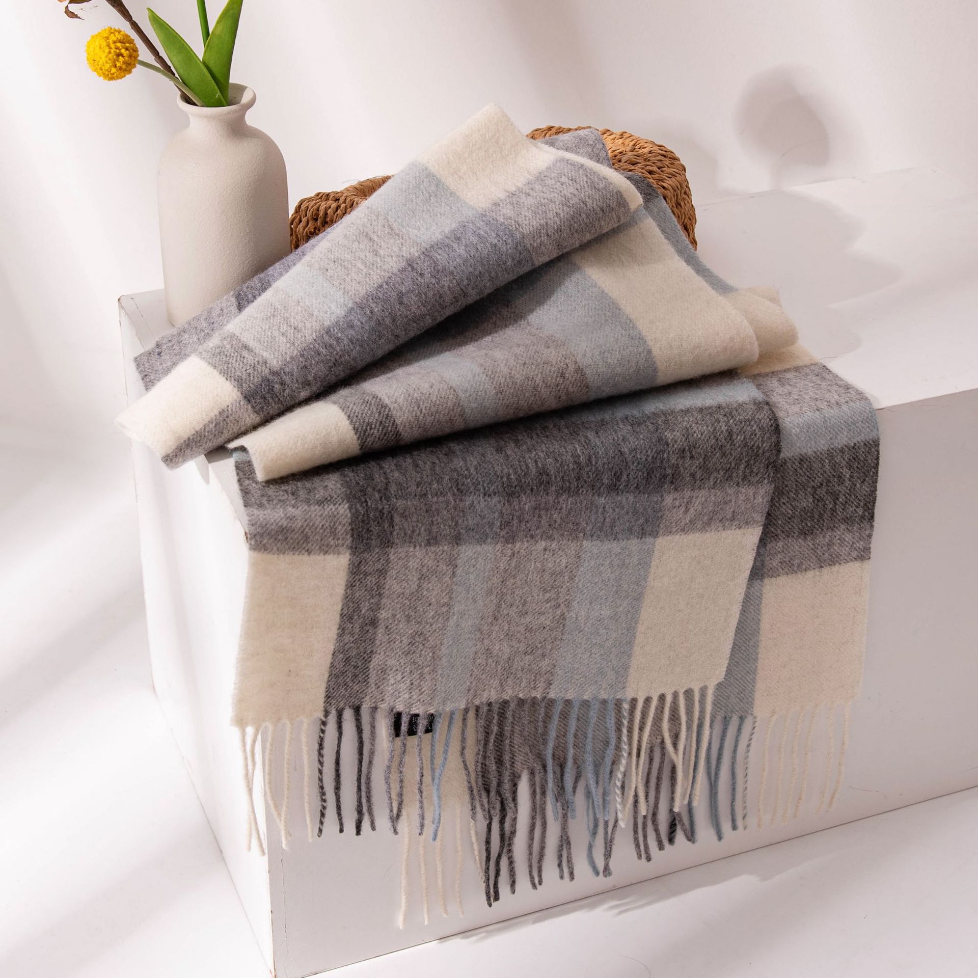 The 100% Wool Plaid Blue Scarf - Image 3