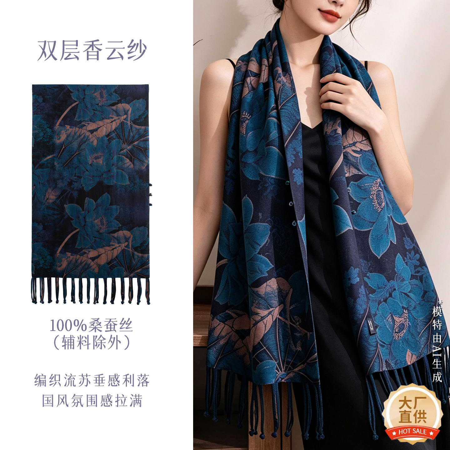 The Xiangyun Silk Double-Layer Scarf with Tassels and Frog Buttons