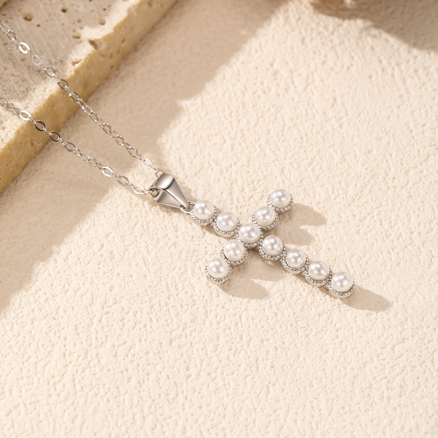 The S925 Silver Crystal Pearl Cross Pendant Necklace - Image 4