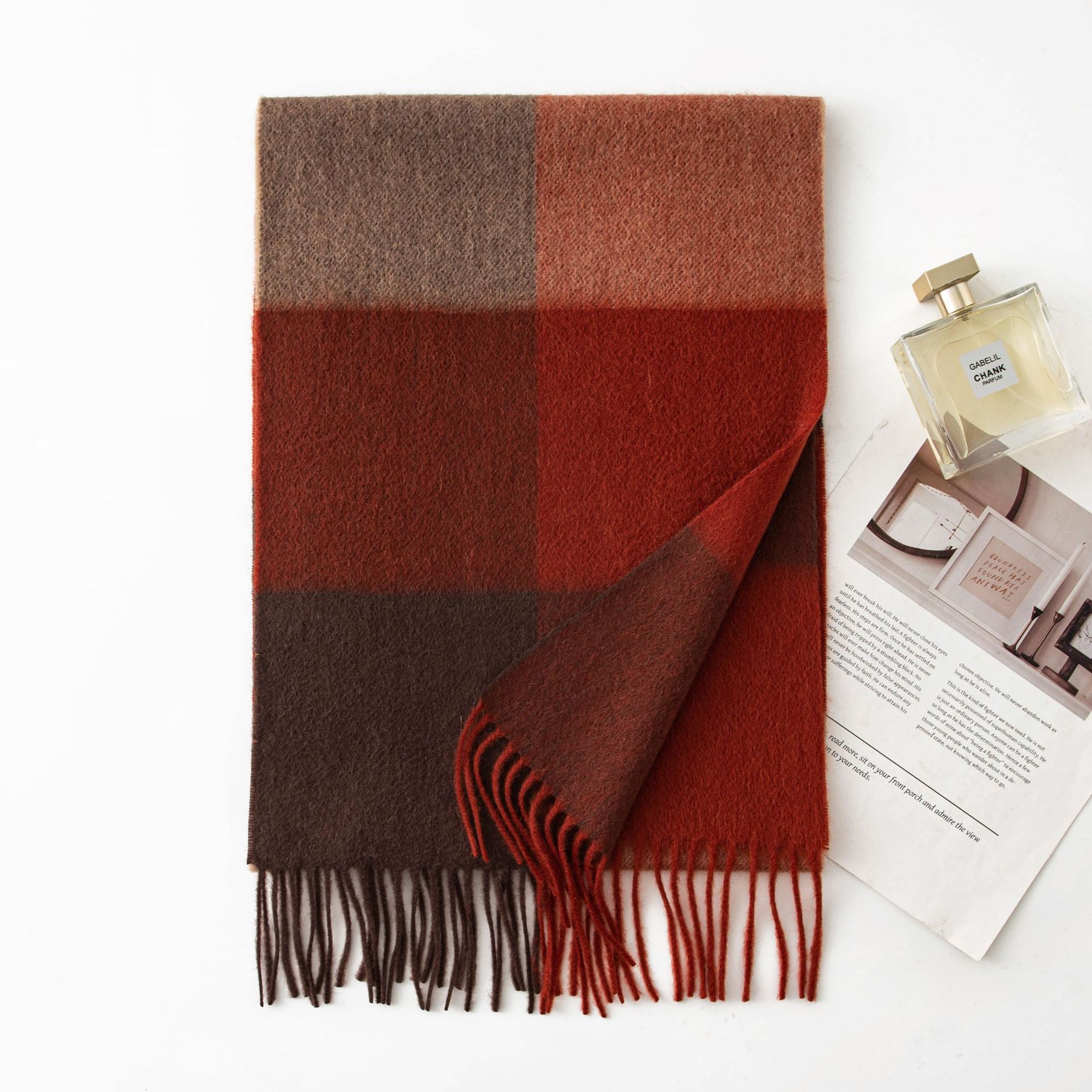 The Cashmere Plaid Scarf in Red Brown - Image 2