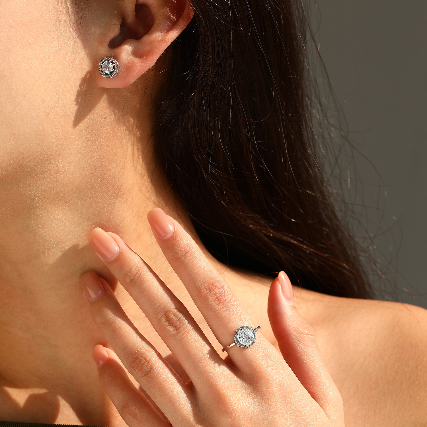 The S925 Sterling Silver Vintage Octagon Rhinestone Ring Necklace Earrings - Image 2