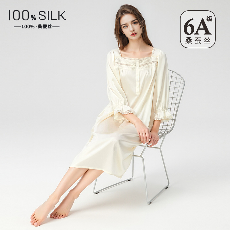 The 100% Mulberry Silk Square Neck Puff Sleeve Nightgown