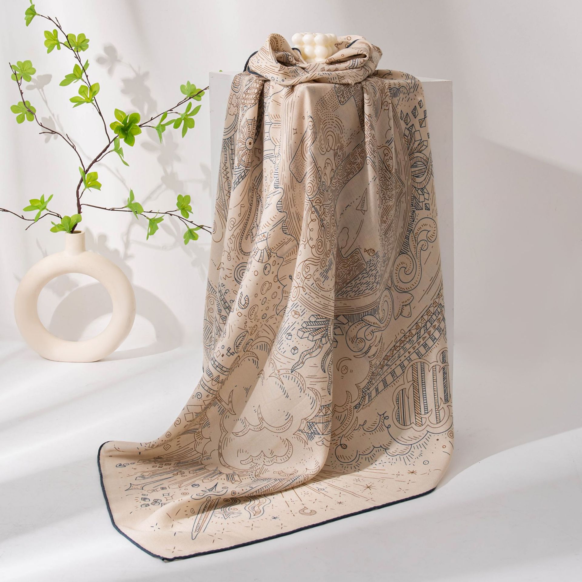 The Retro Blue Print Silk Wool Shawl - Image 4