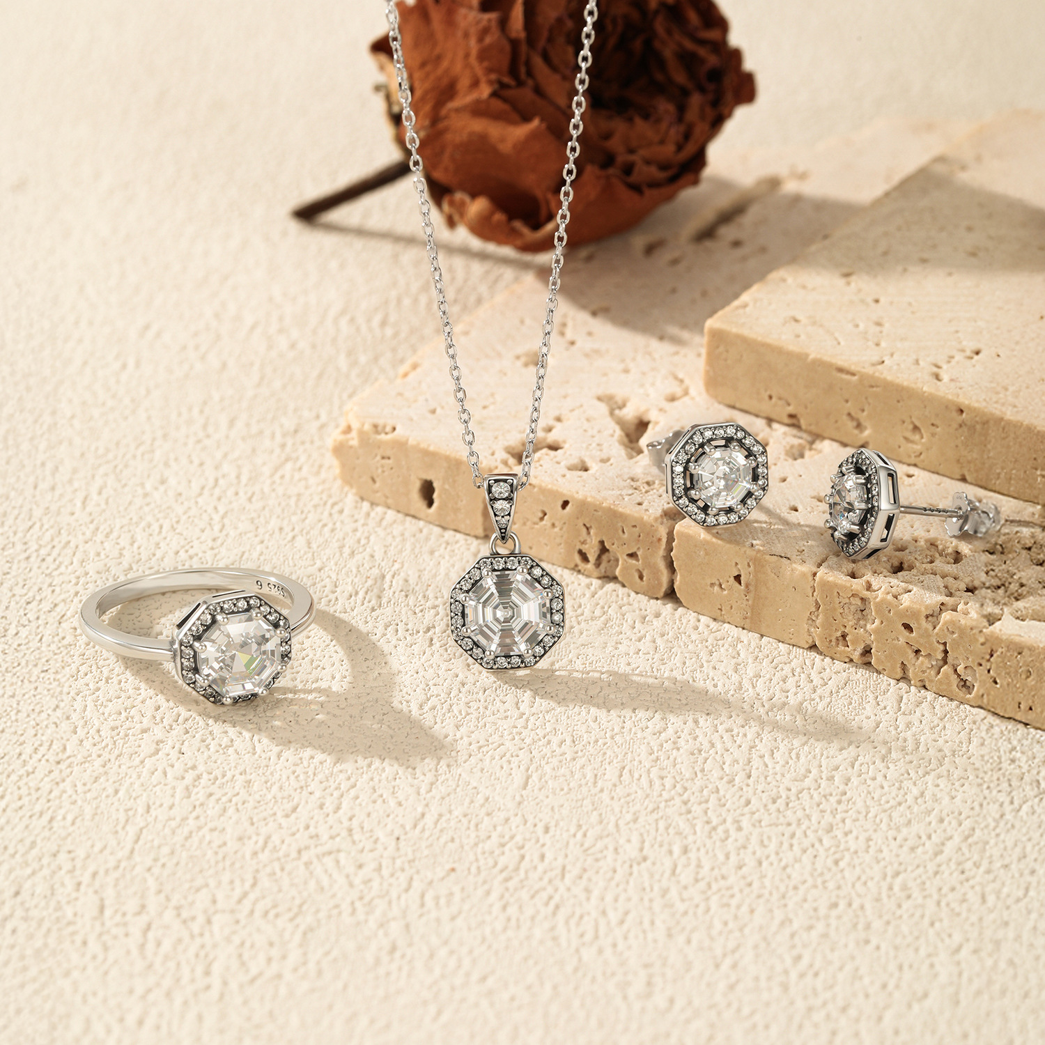The S925 Sterling Silver Vintage Octagon Rhinestone Ring Necklace Earrings - Image 4