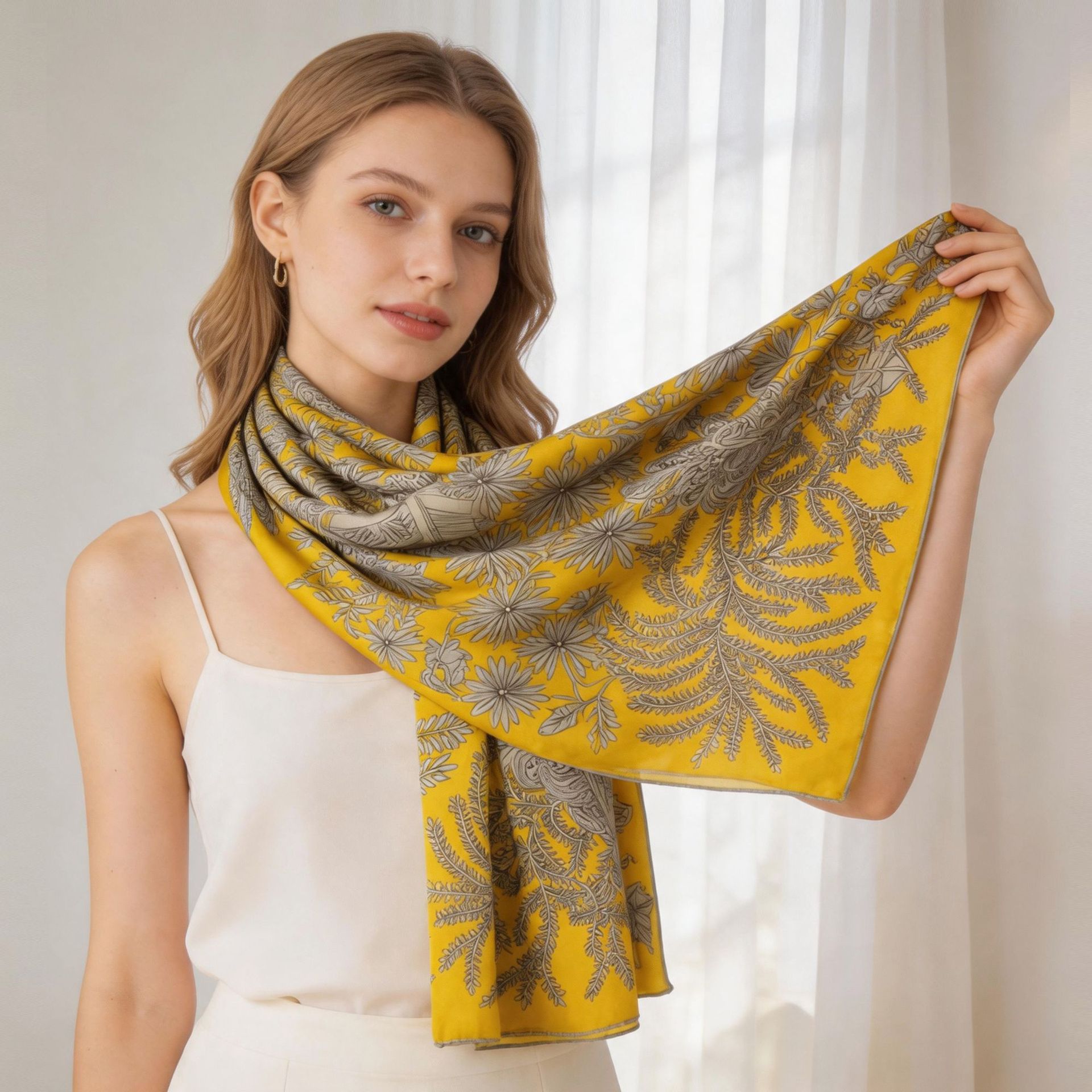 The Mulberry Silk Square Scarf with Yellow Print