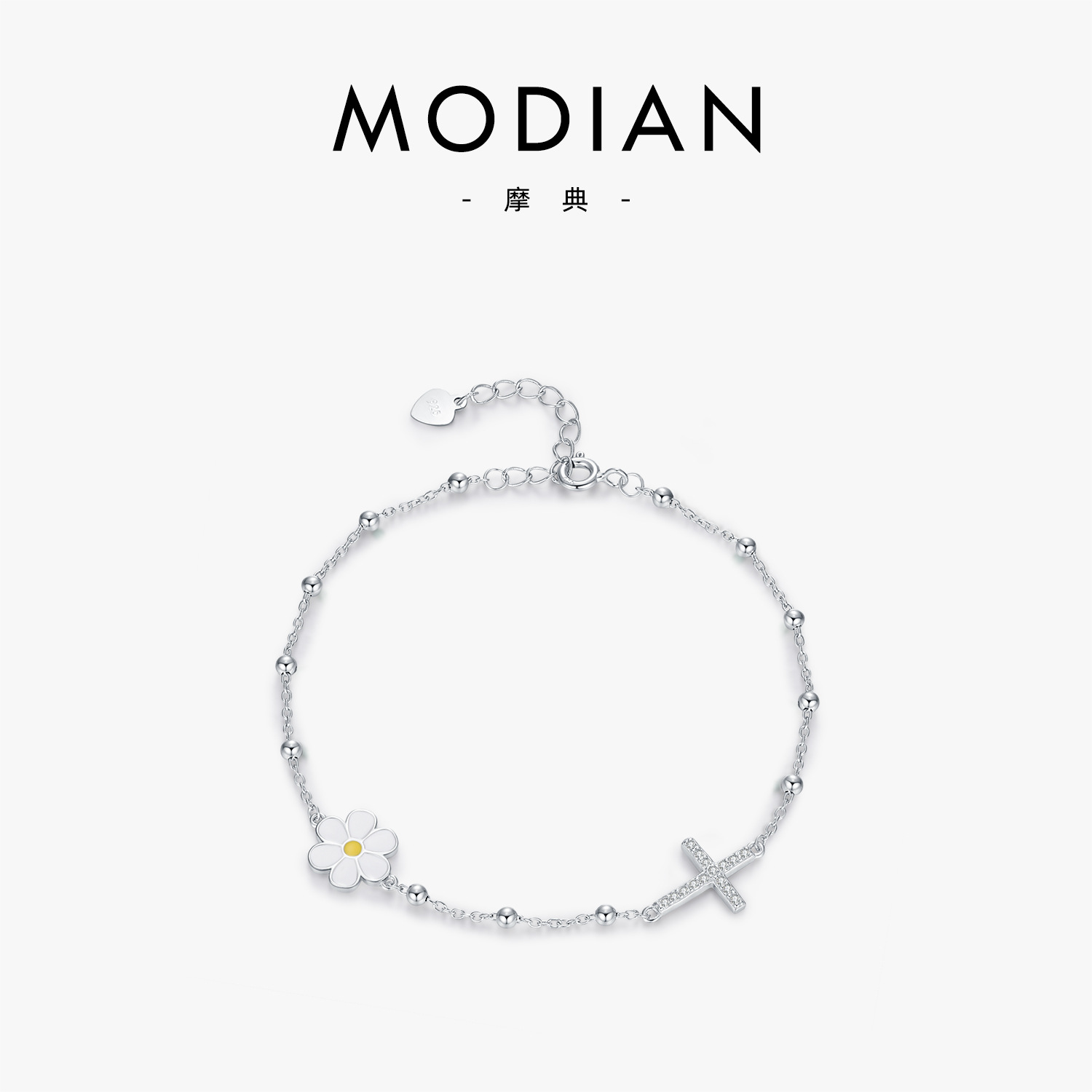 The S925 Sterling Silver Daisy Cross Rhinestone Beaded Bracelet