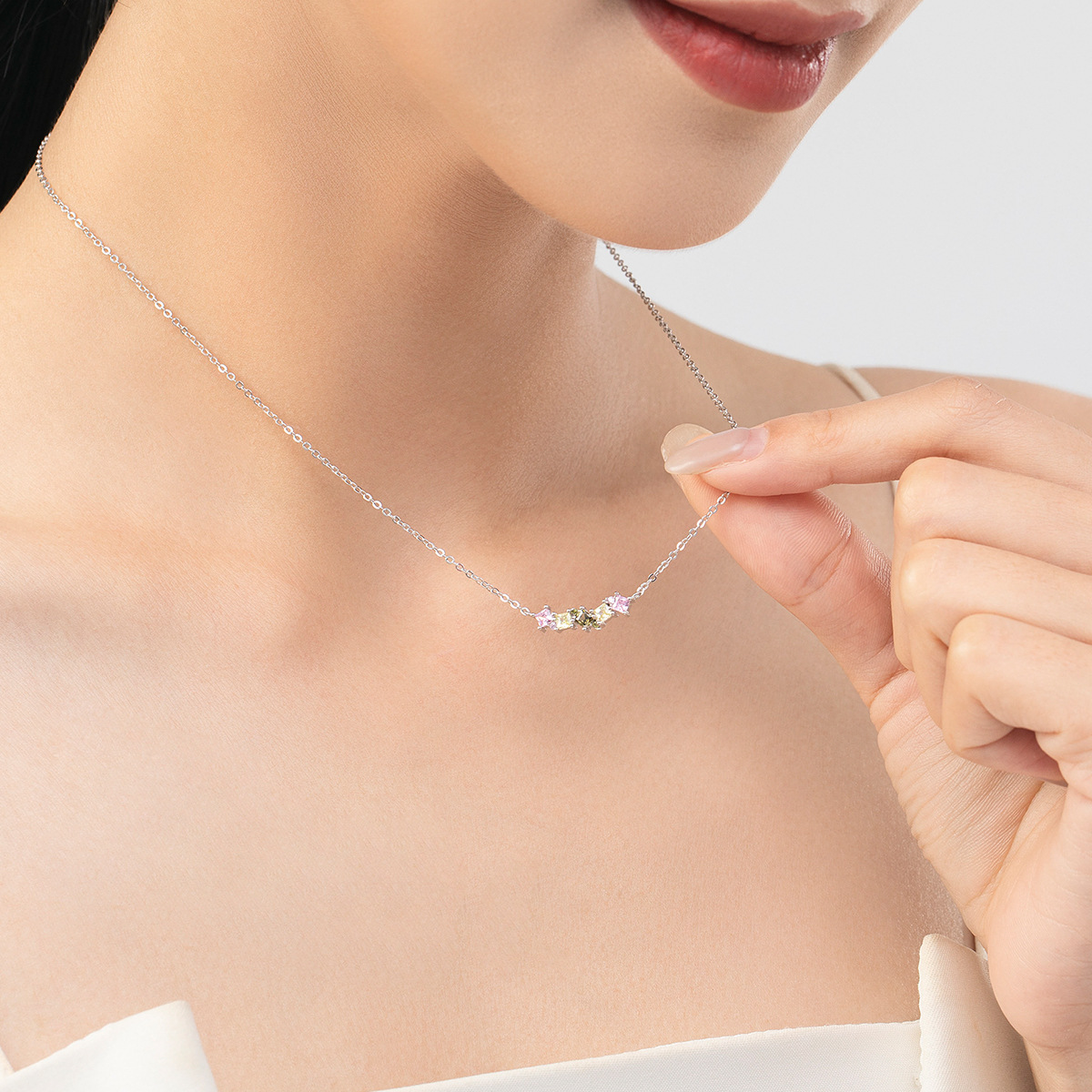 The 925 Sterling Silver Colorful Geometric Zirconia Collarbone Chain - Image 2