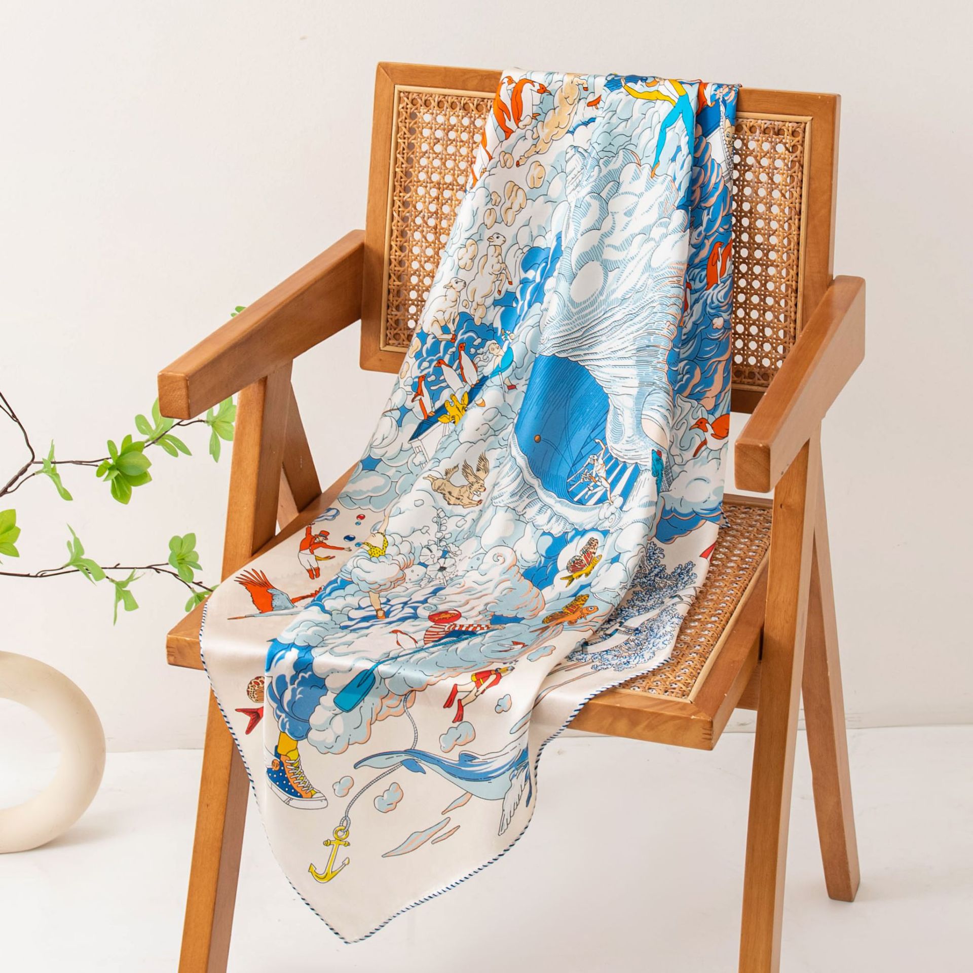 The Mulberry Silk Square Scarf with Blue White Print - Image 2