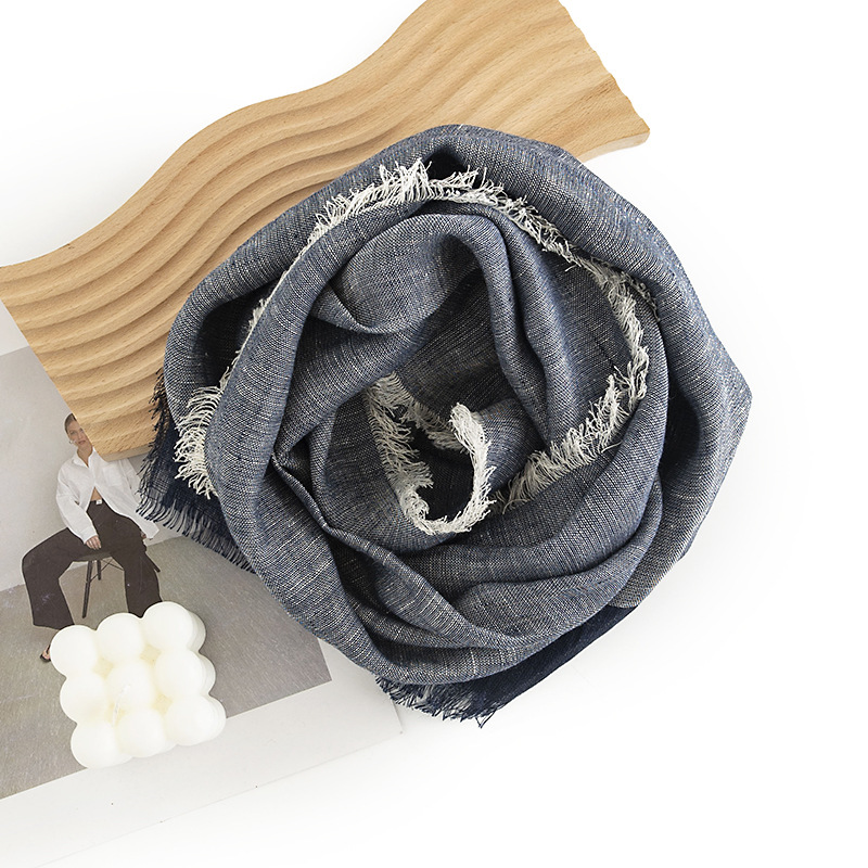 The 100% Linen Denim Blue Fringe Scarf - Image 4