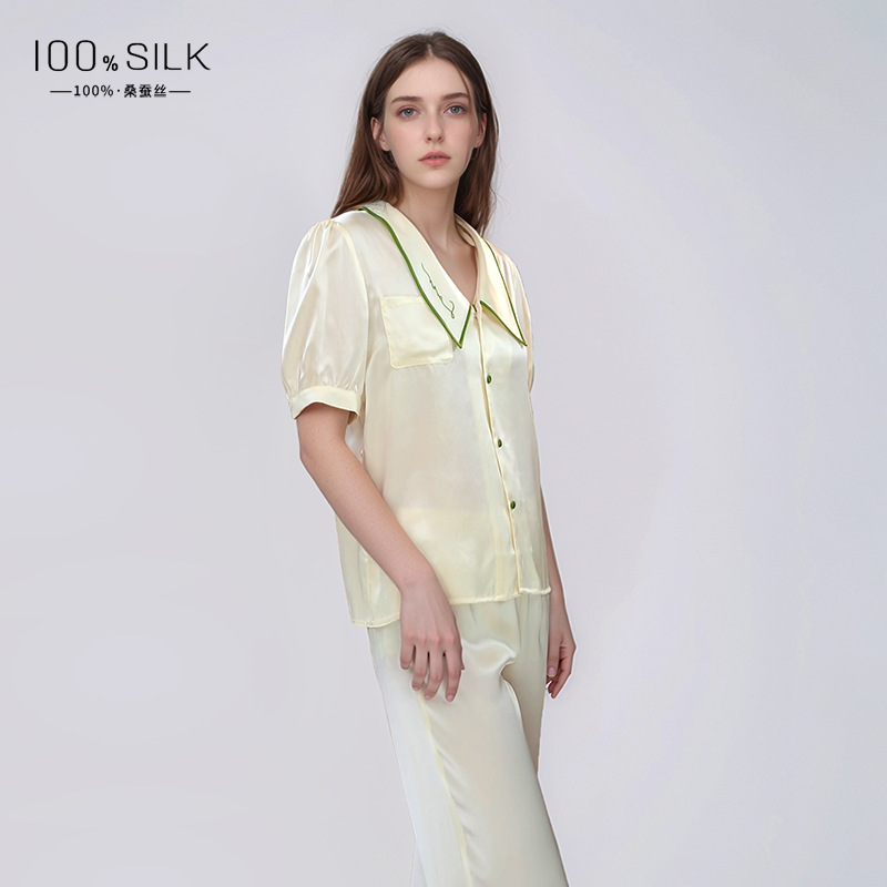 The 100% Mulberry Silk Short Sleeve Long Pants Pajama Set - Image 3