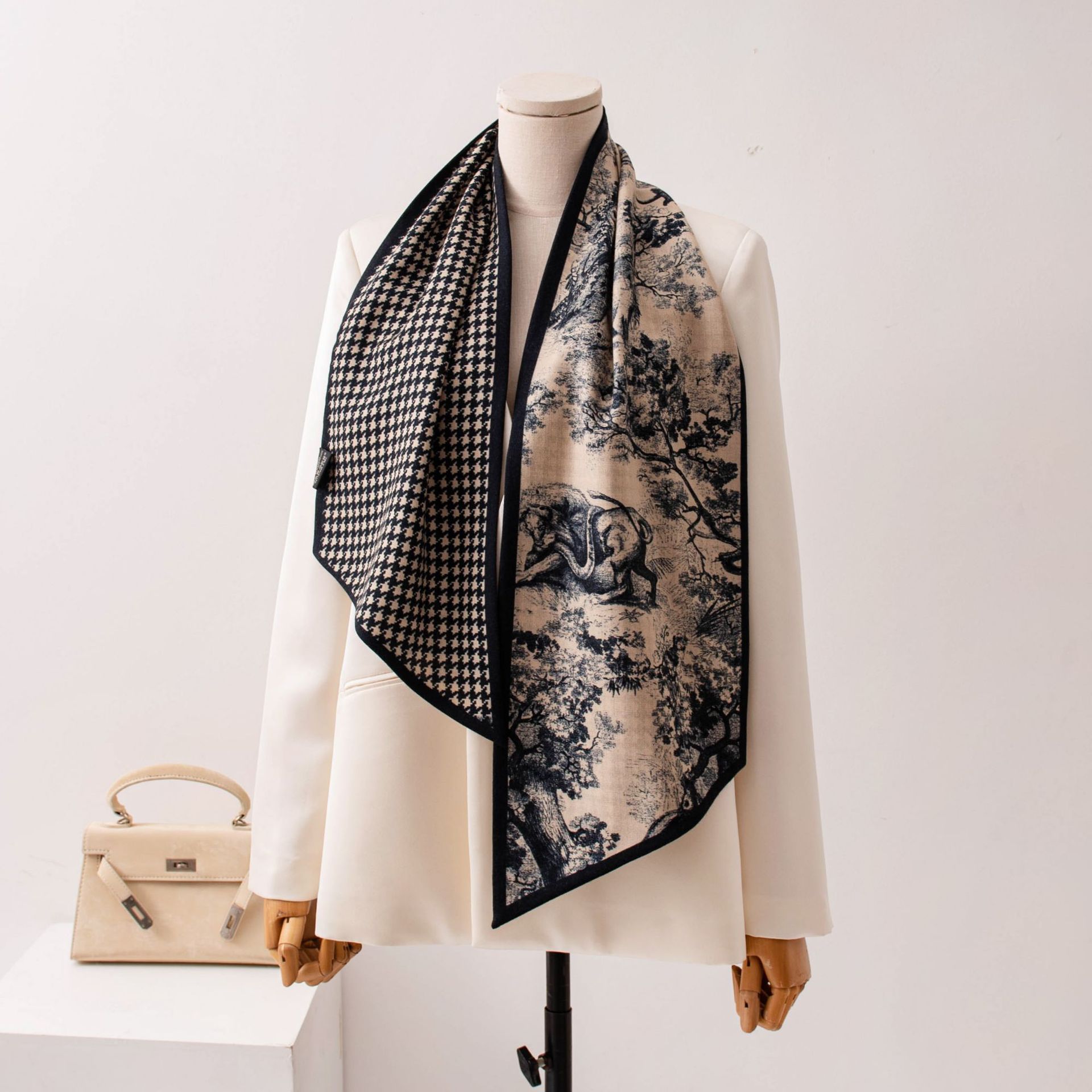 The Houndstooth Print Silk Wool Shawl Wrap