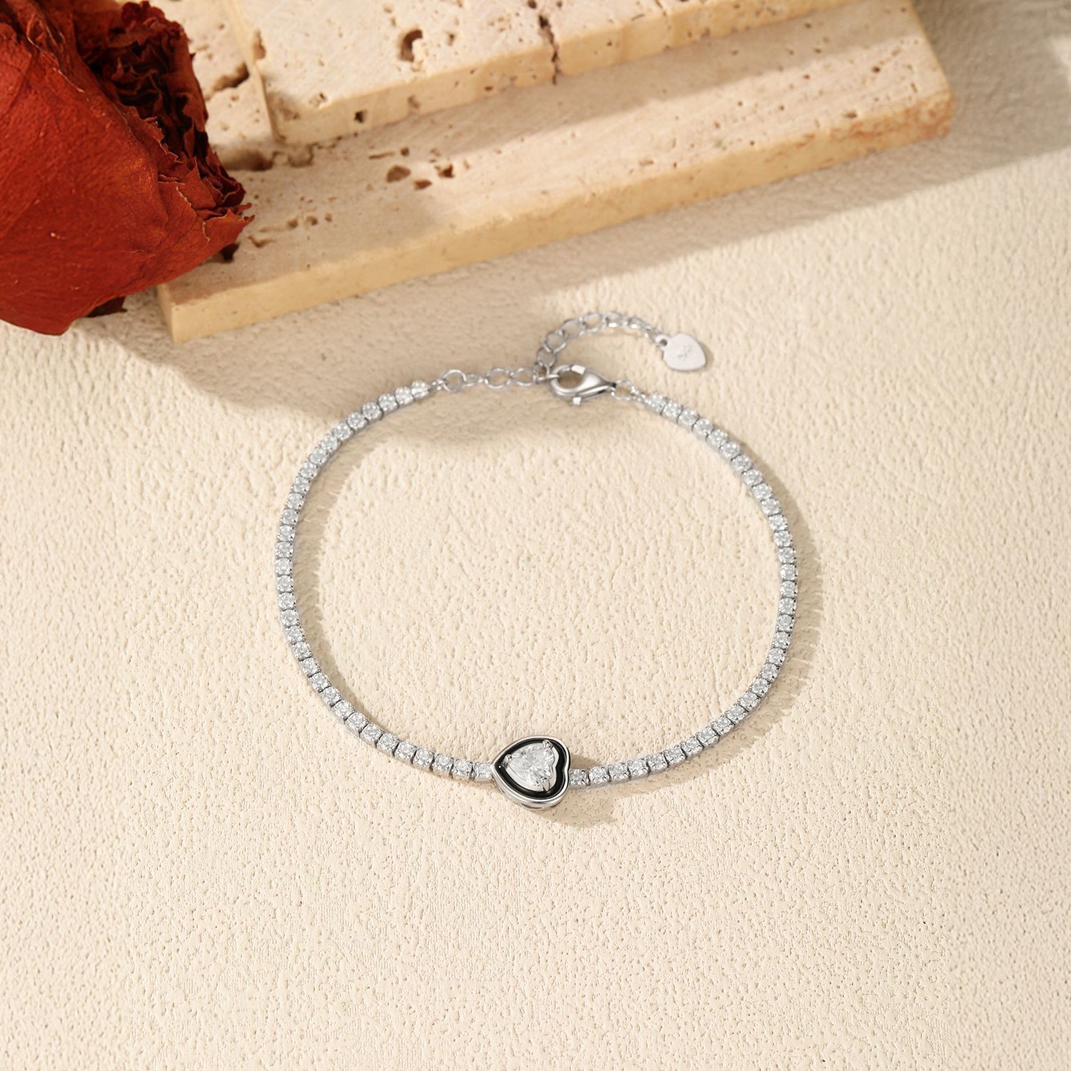 The S925 Sterling Silver Black Enamel Heart Tennis Bracelet - Image 4
