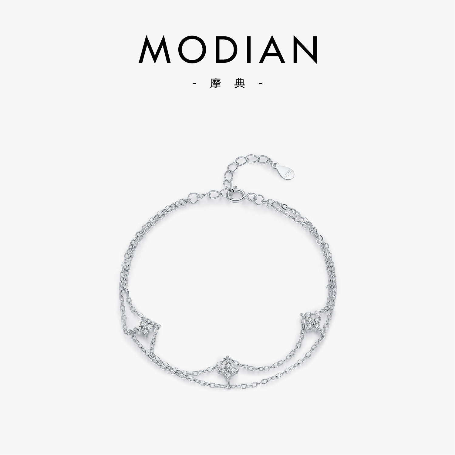 The S925 Sterling Silver Clover Rhinestone Layered Bracelet