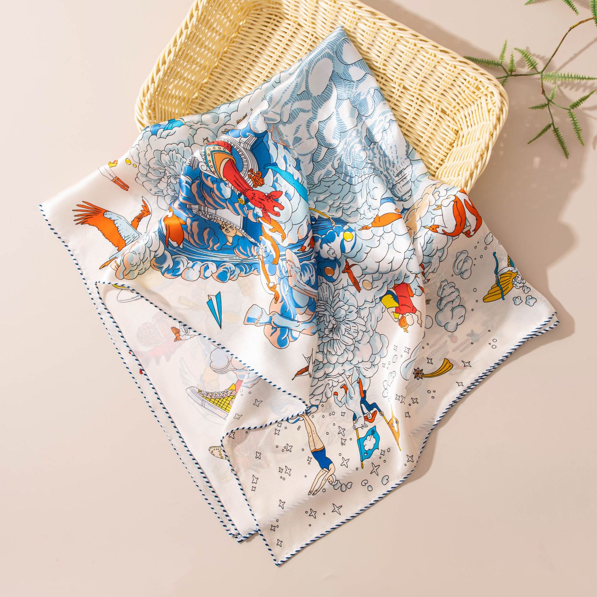 The Mulberry Silk Square Scarf with Blue White Print - Image 4