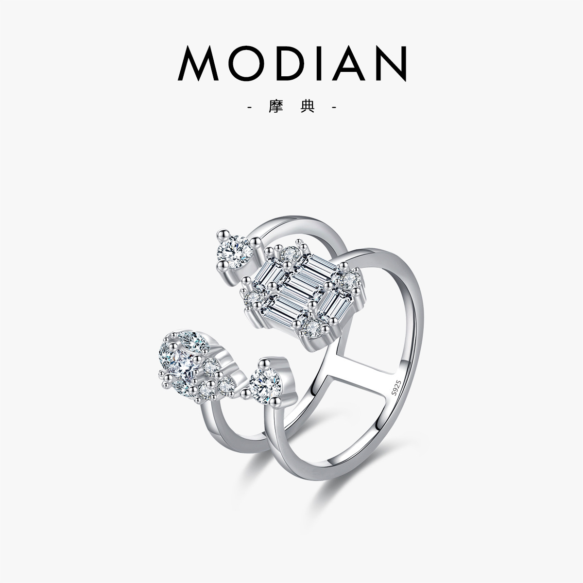 The S925 Sterling Silver Layered Geometric Zircon Ring