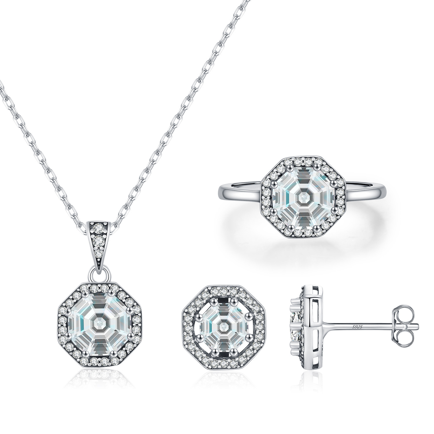 The S925 Sterling Silver Vintage Octagon Rhinestone Ring Necklace Earrings - Image 5