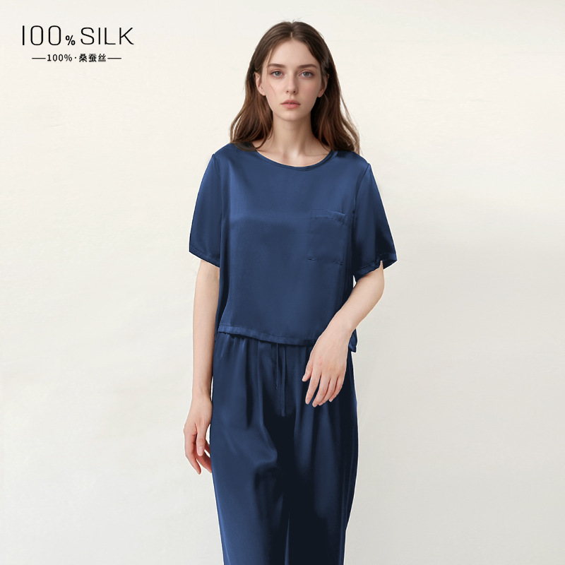 100% Mulberry Silk Pajamas Set Women Short Sleeve Pants Sleepwear