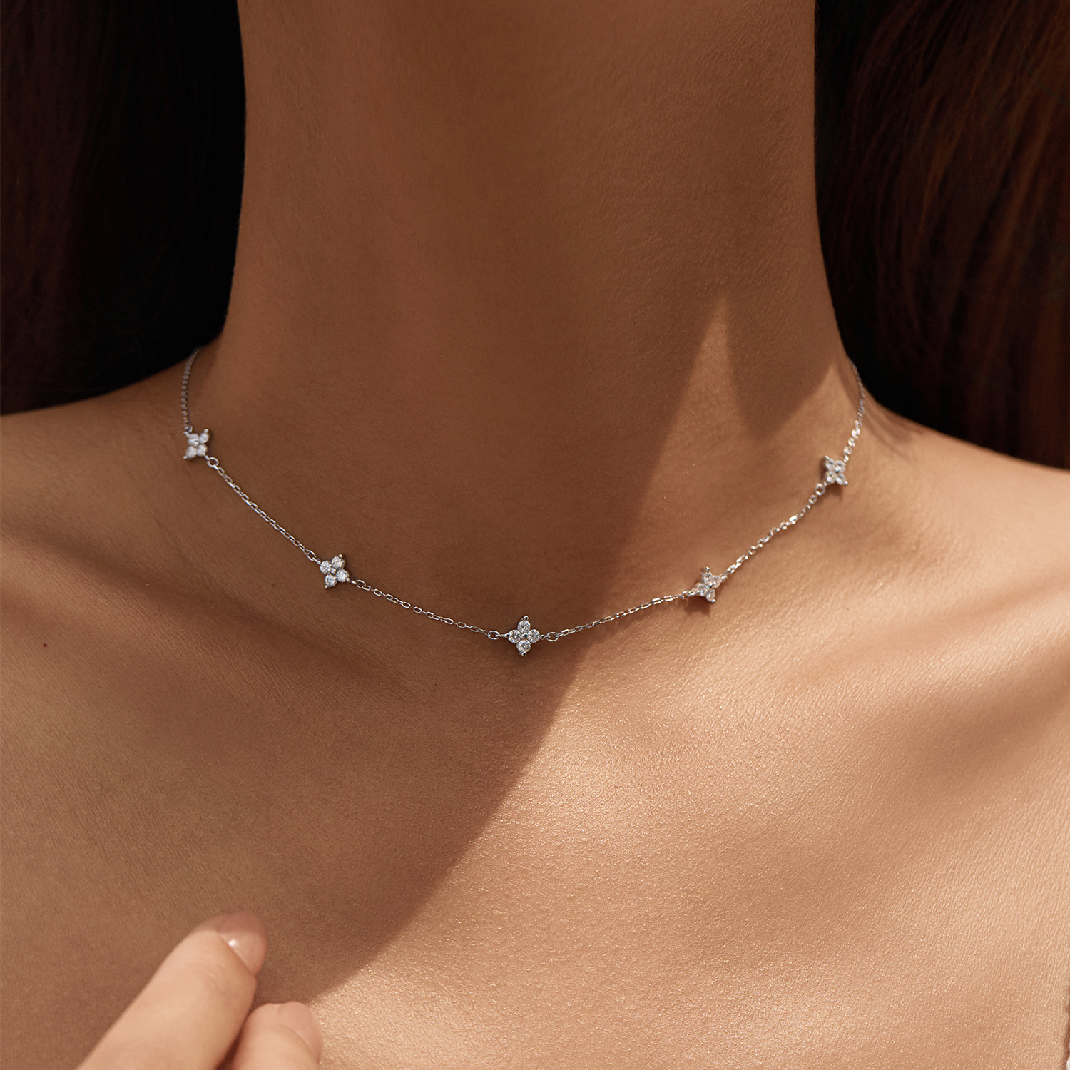 The D Color Moissanite S925 Sterling Silver Four Leaf Clavicle Chain - Image 2