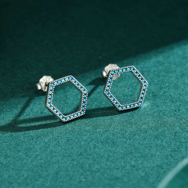 The S925 Sterling Silver Hexagon Turquoise Hollow Earrings - Image 3