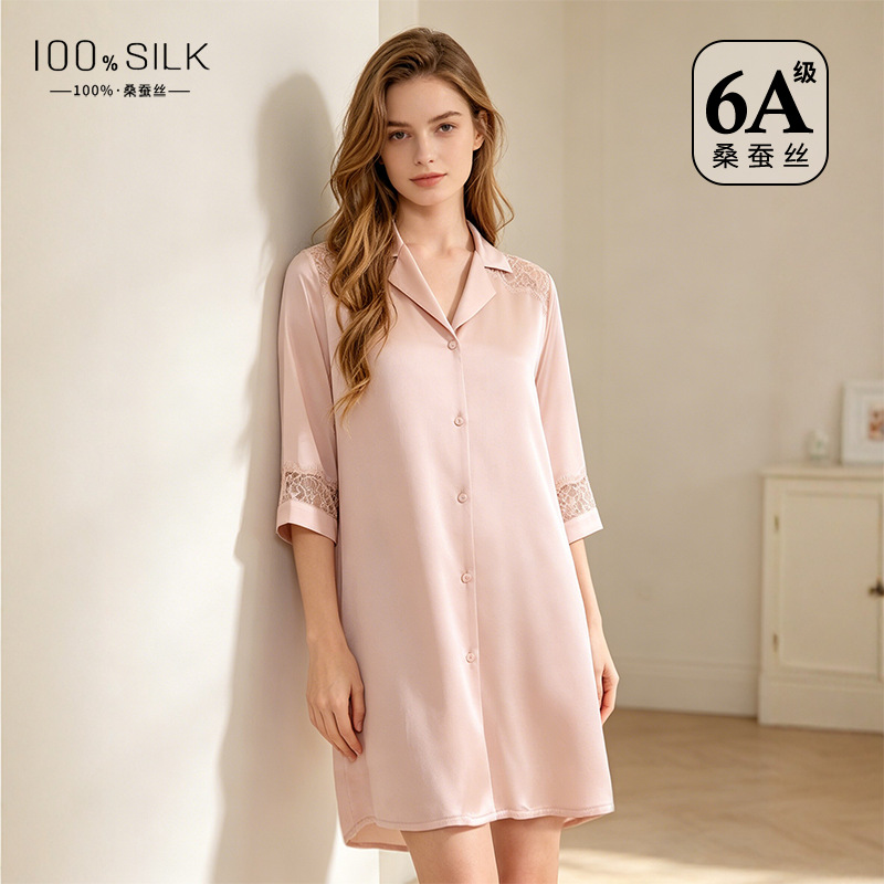 The 100% Mulberry Silk Short Sleeve Lapel Shirt Dress - Image 2