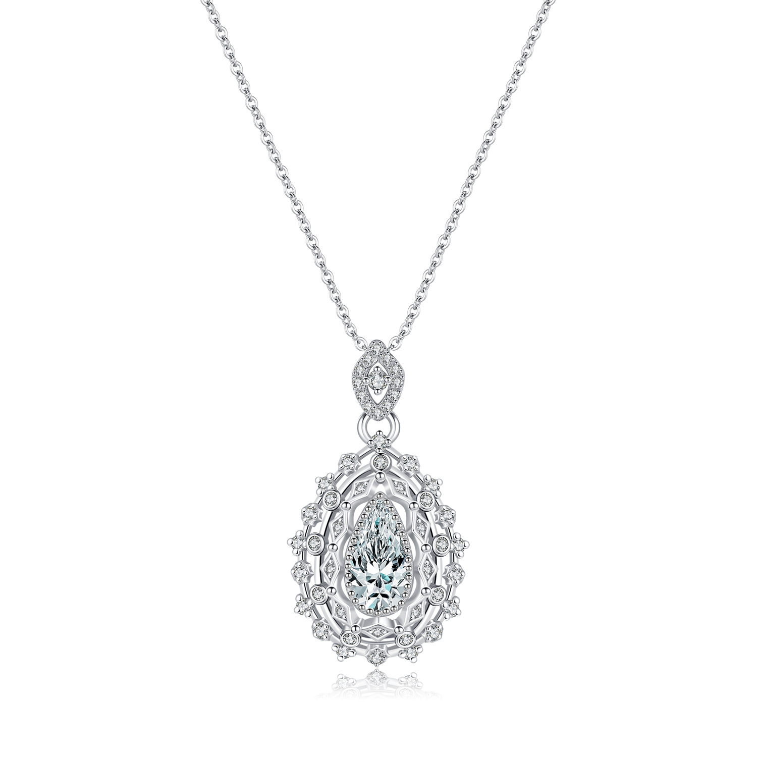 The S925 Sterling Silver Full Diamond Teardrop Pendant Necklace - Image 5