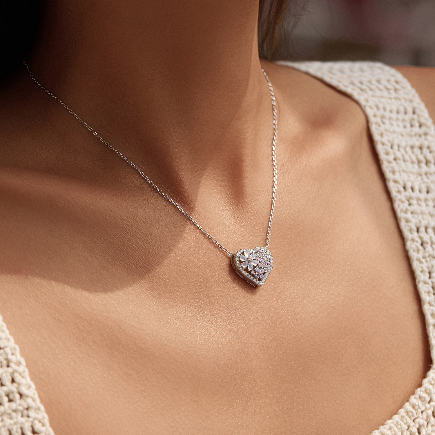 The S925 Sterling Silver Diamond Hollow Flower Heart Necklace - Image 2