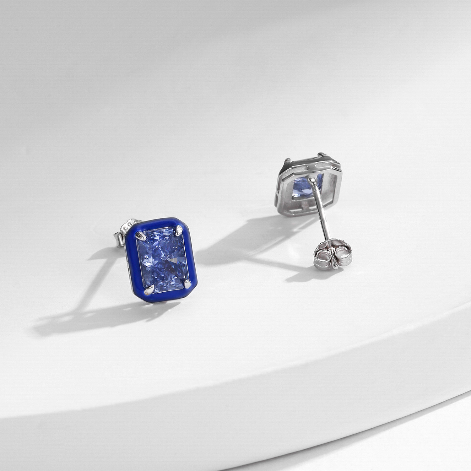 The S925 Silver French Geometric Ice Blue Rhinestone Enamel Earrings - Image 4