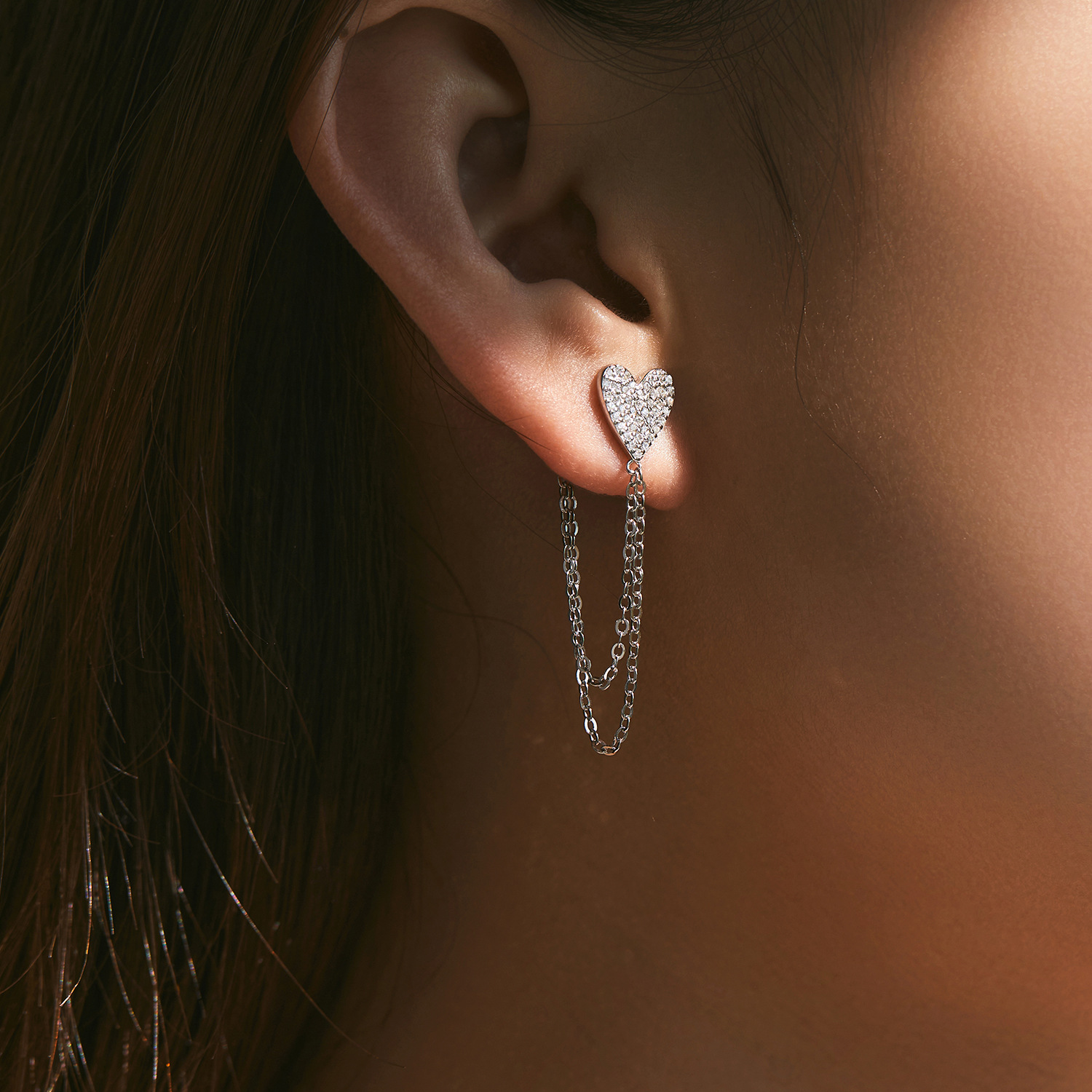 The S925 Silver Heart Rhinestone Tassel Earrings - Image 2