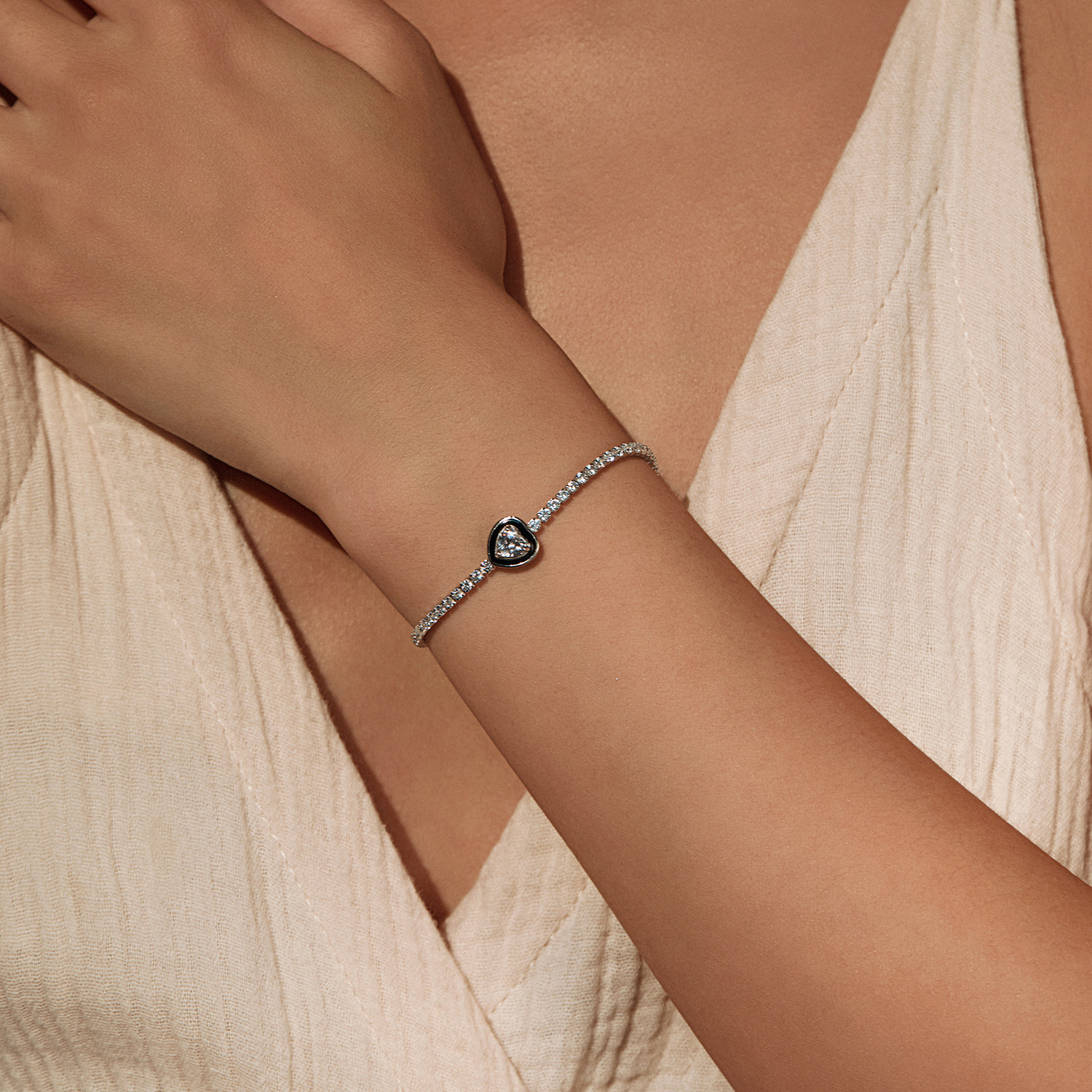 The S925 Sterling Silver Black Enamel Heart Tennis Bracelet - Image 2
